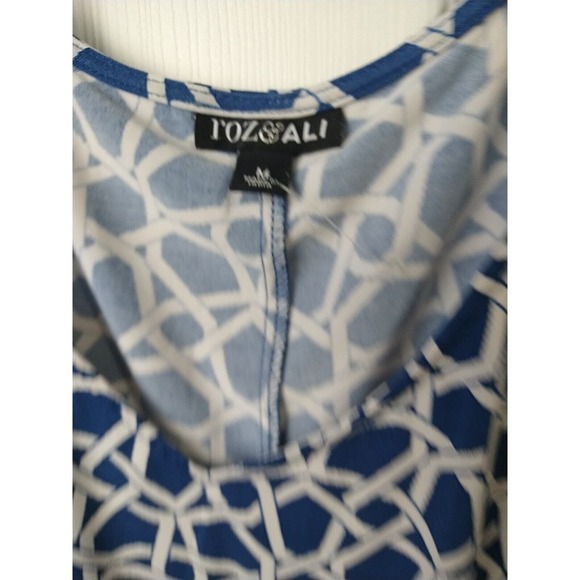 $ Roz & Ali Medium M Blue White Geometric Print Cold Shoulder Sheath Dress VNeck - Picture 7 of 10